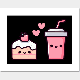 Kawaii Style Strawberry Cake and Milkshake in Love | Design for Kawaii Food Lovers Posters and Art